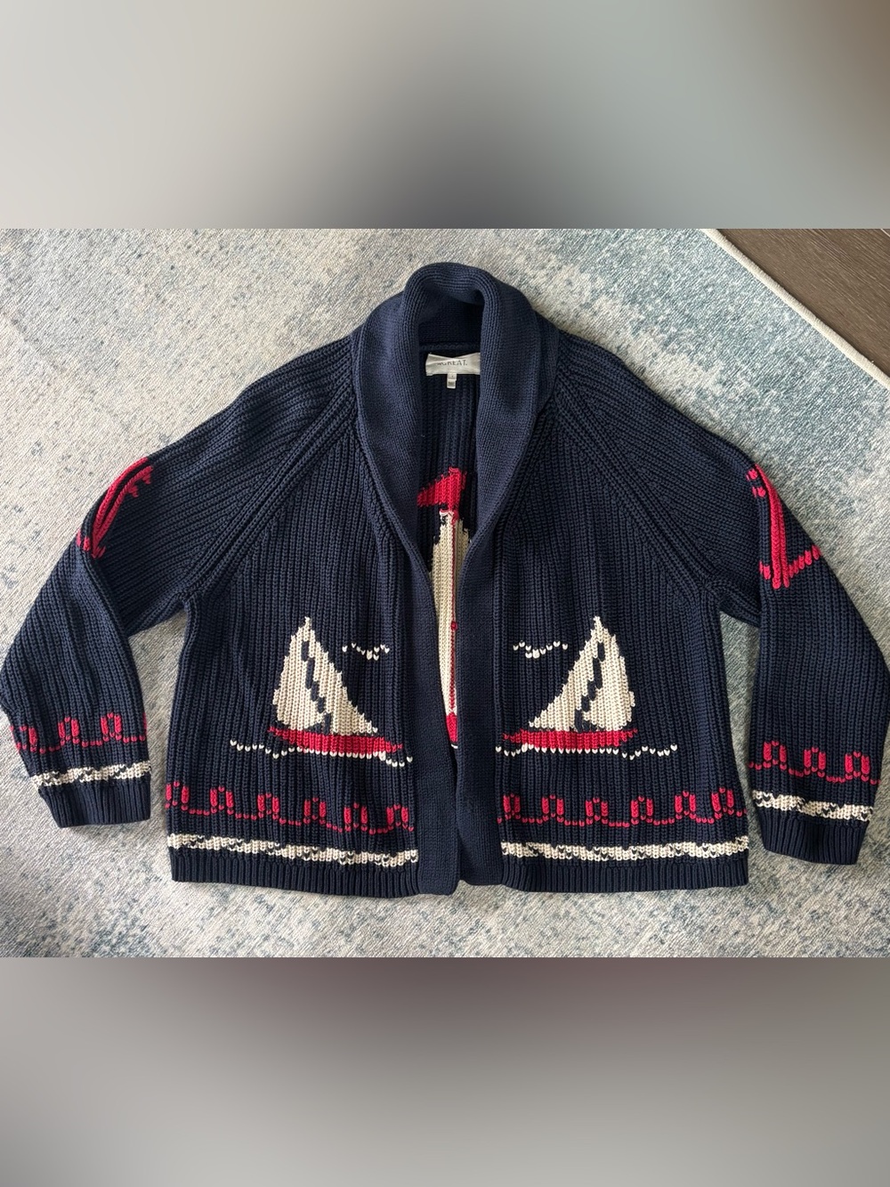 THE GREAT. Navy Sailboat Lodge Knit Cardigan with Cream and Red Accents